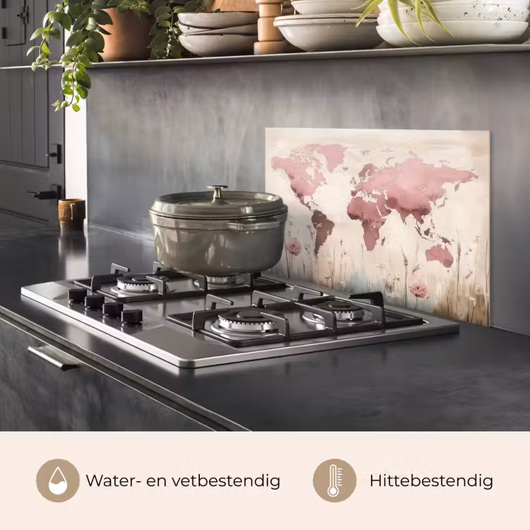 Spatscherm keuken - Wereldkaart - Roze - Bloemen — 7