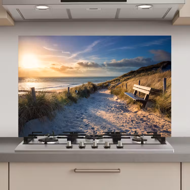 Spatscherm keuken - Zonsondergang - Strand - Duin - Gras - Bank — 1