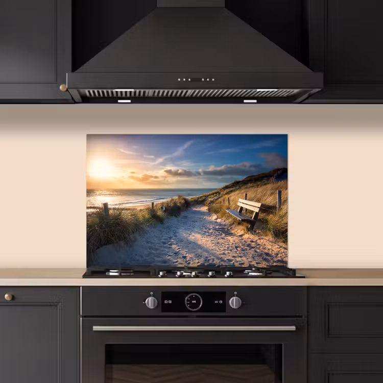 Spatscherm keuken - Zonsondergang - Strand - Duin - Gras - Bank — 2