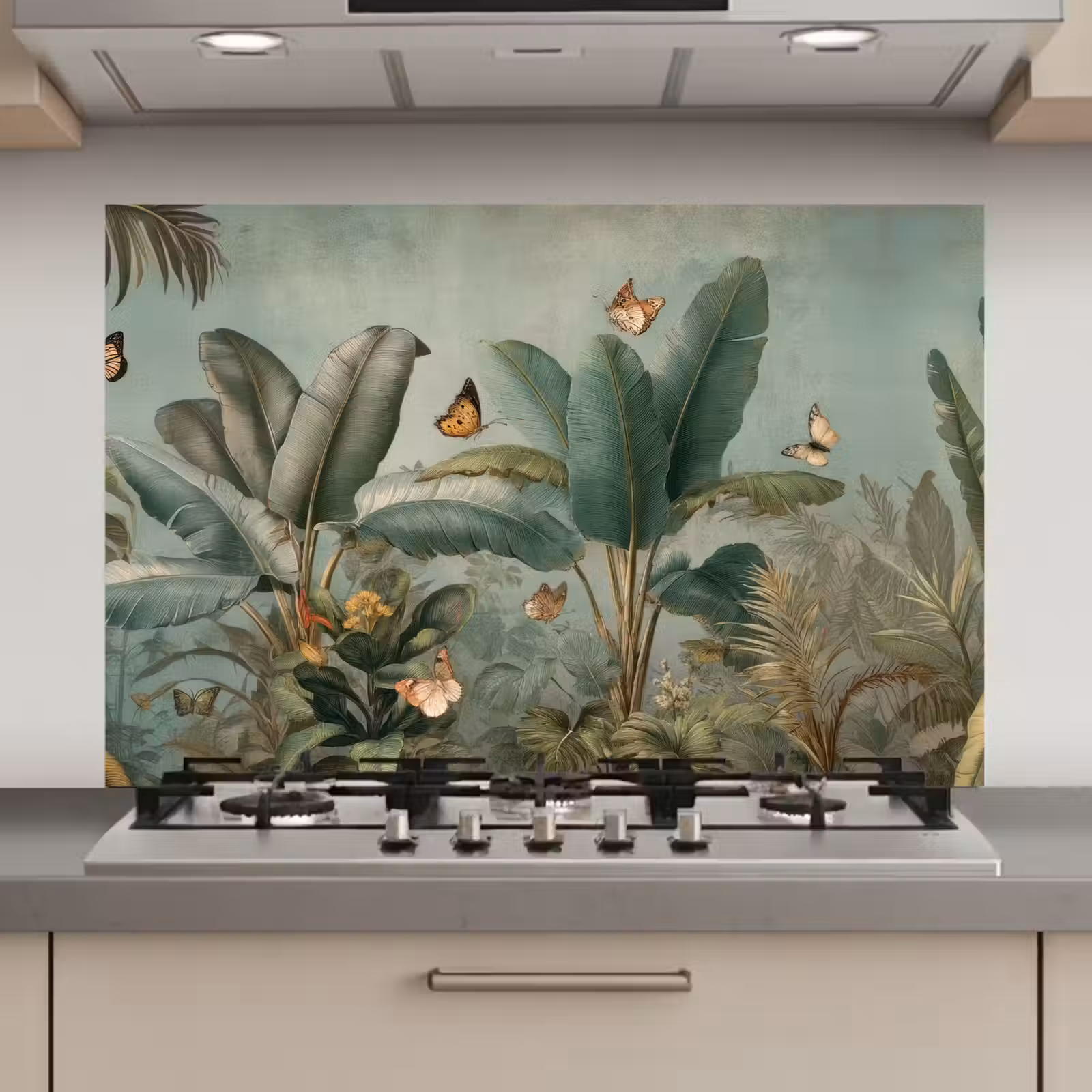 Spatscherm keuken - Tropisch bladerdek - Vlinders - groen - Bruin — 1