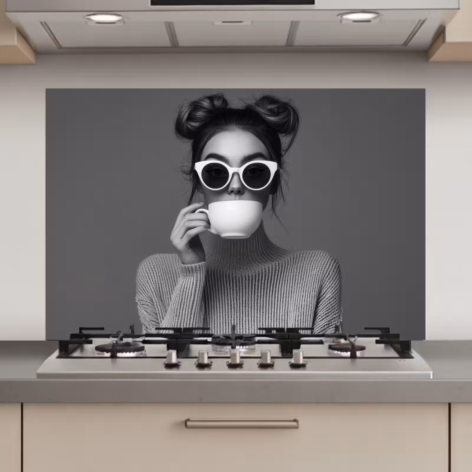 Spatscherm keuken - Vrouw - Koffie - Zwart - Wit — 1