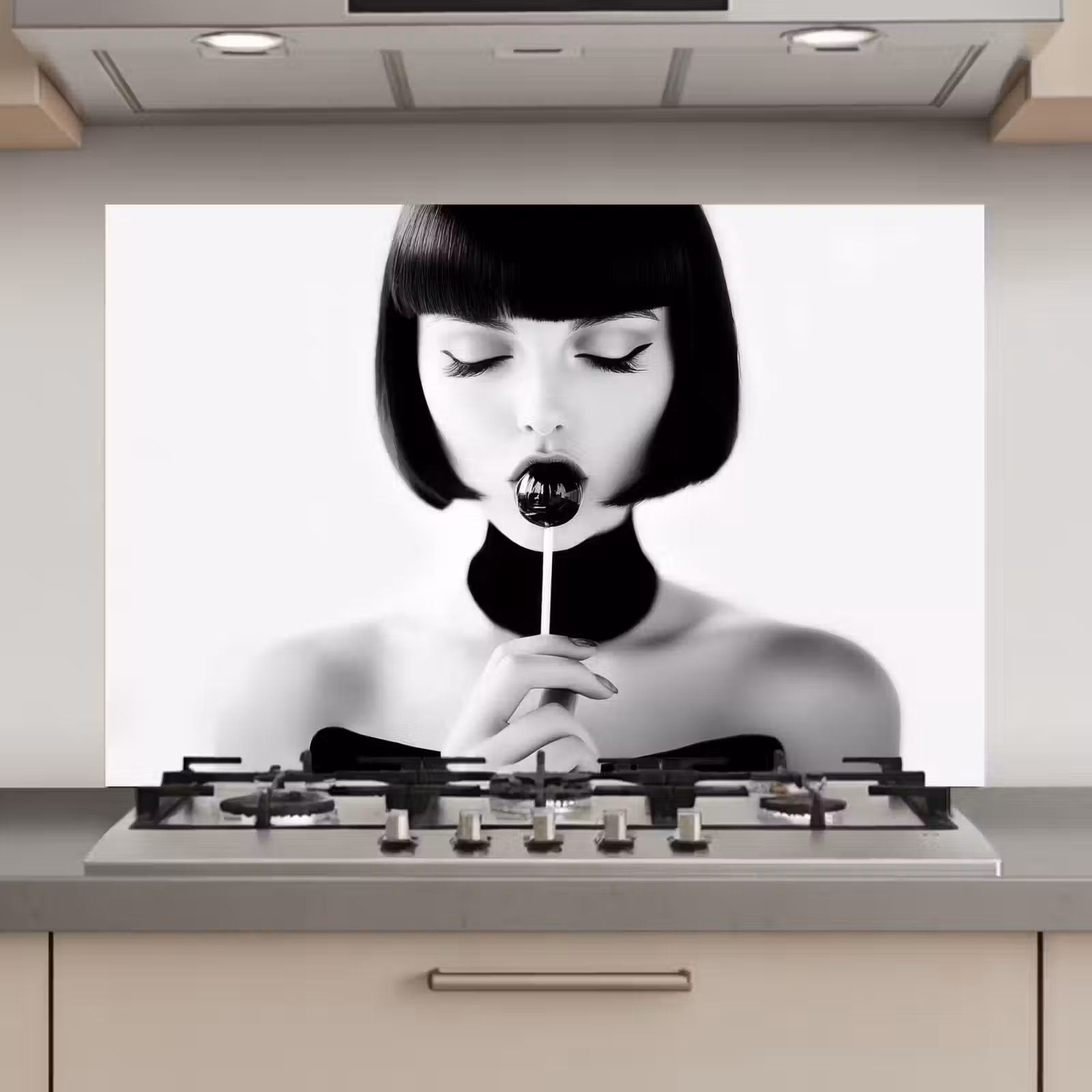 Spatscherm keuken - Vrouw - Lolly - Zwart - Wit — 1