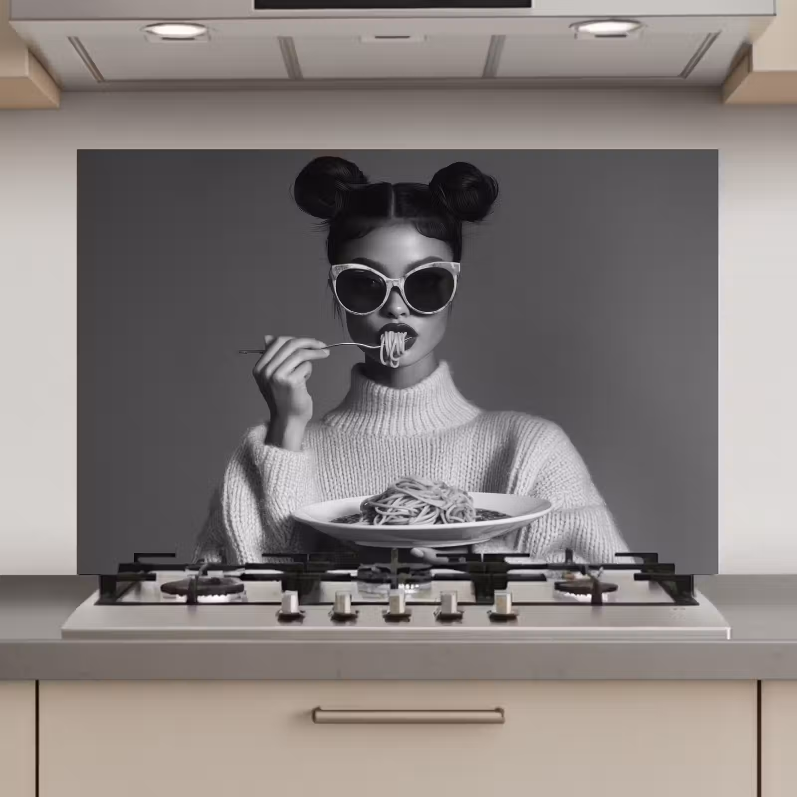 Spatscherm keuken - Vrouw - Pasta - Zonnebril — 1