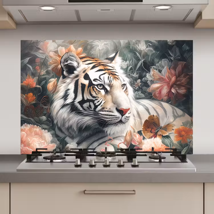 Spatscherm keuken - Tijger - Wilde dieren - Bloemen - Jungle — 1