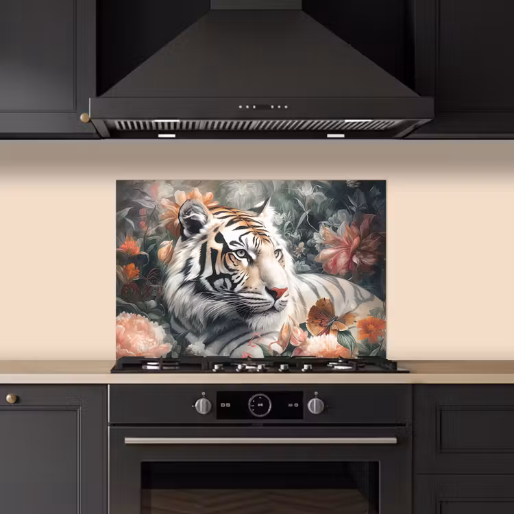 Spatscherm keuken - Tijger - Wilde dieren - Bloemen - Jungle — 2