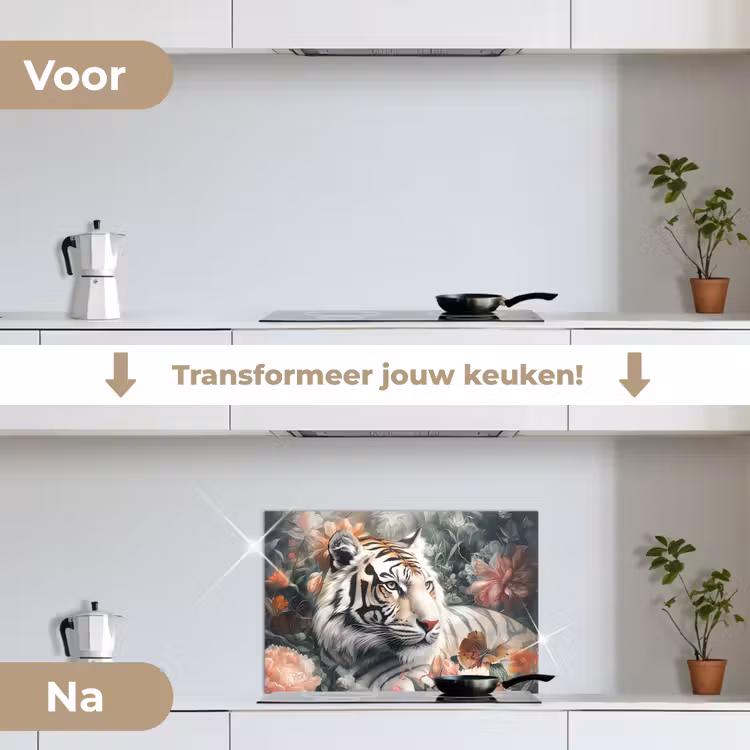 Spatscherm keuken - Tijger - Wilde dieren - Bloemen - Jungle — 3