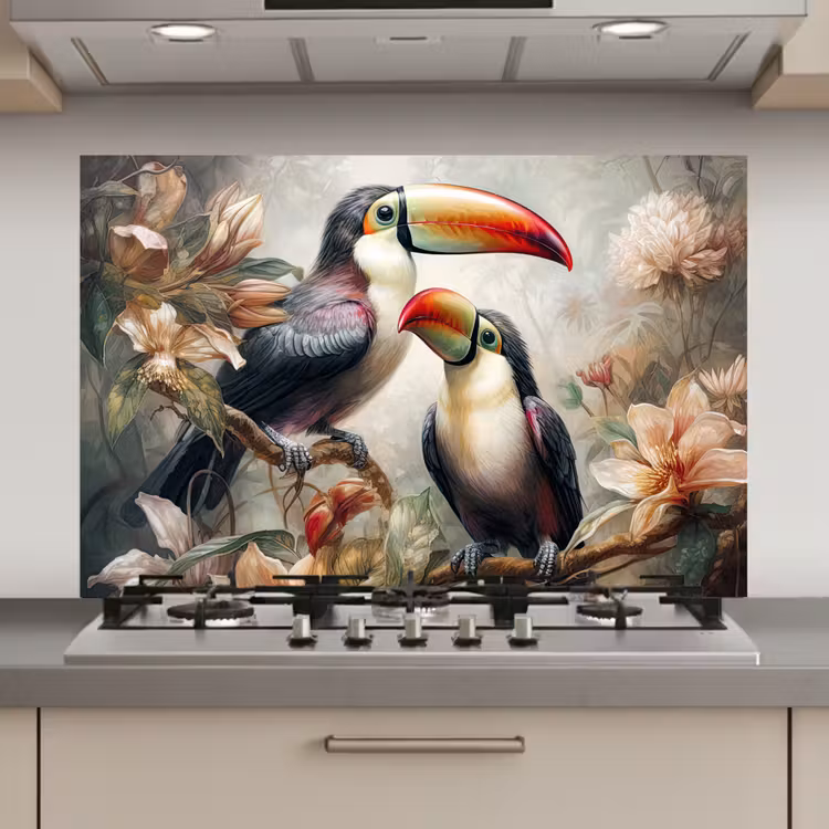 Spatscherm keuken - Toekan - Vogels - Bloemen - Jungle — 1