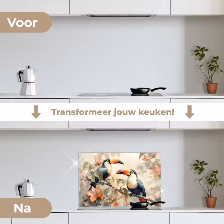 Spatscherm keuken - Toekan - Vogels - Bloemen - Tak — 3