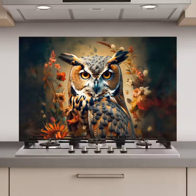 Spatscherm keuken - Uil - Vogel - Bloemen - Planten - Botanisch — 1