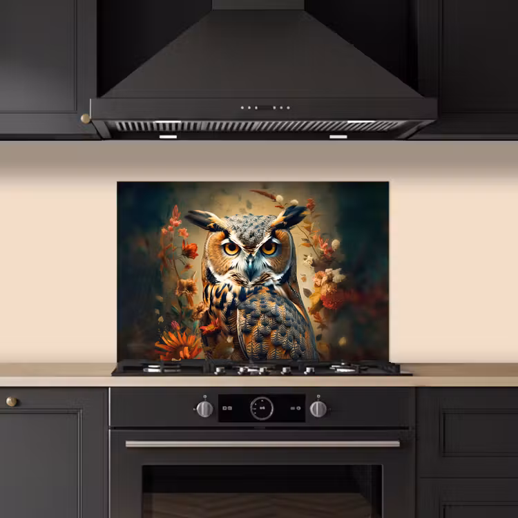 Spatscherm keuken - Uil - Vogel - Bloemen - Planten - Botanisch — 2
