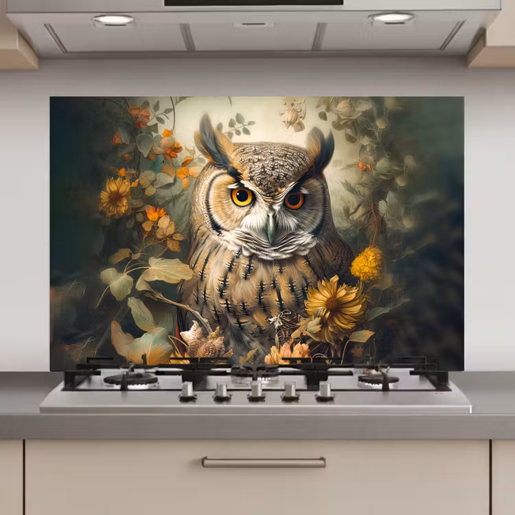 Spatscherm keuken - Uil - Vogels - Bloemen - Natuur — 1