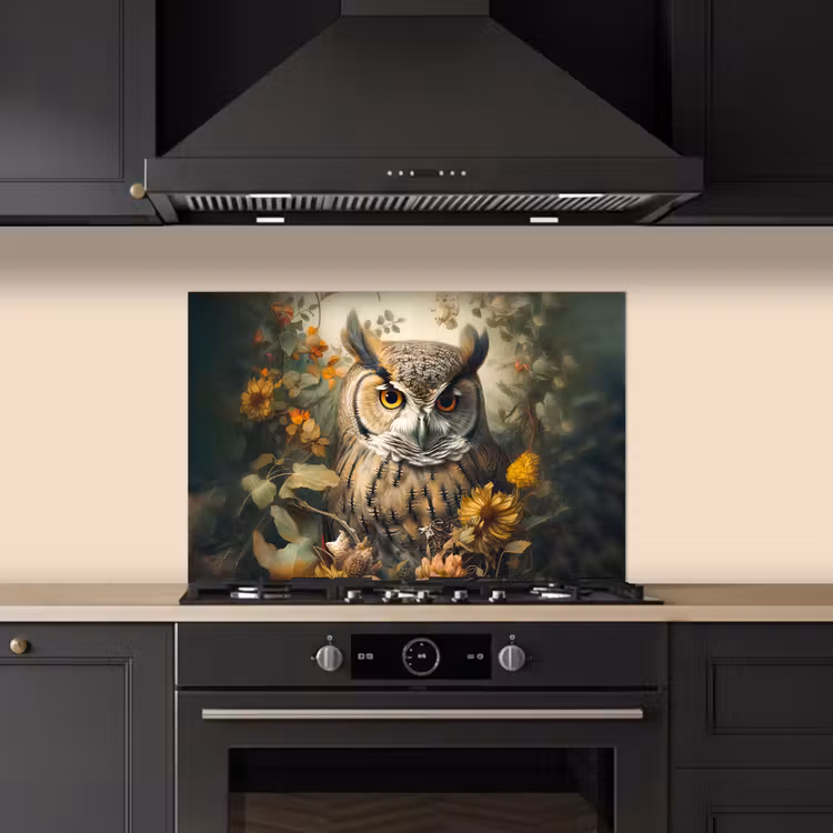 Spatscherm keuken - Uil - Vogels - Bloemen - Natuur — 2