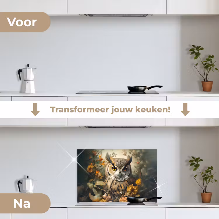 Spatscherm keuken - Uil - Vogels - Bloemen - Natuur — 3