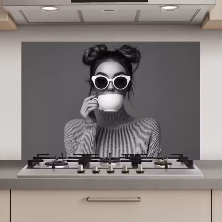 Spatscherm keuken - Vrouw - Koffie - Zwart - Wit — 1