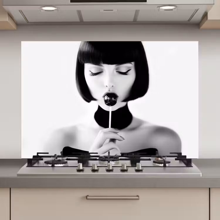 Spatscherm keuken - Vrouw - Lolly - Zwart - Wit — 1