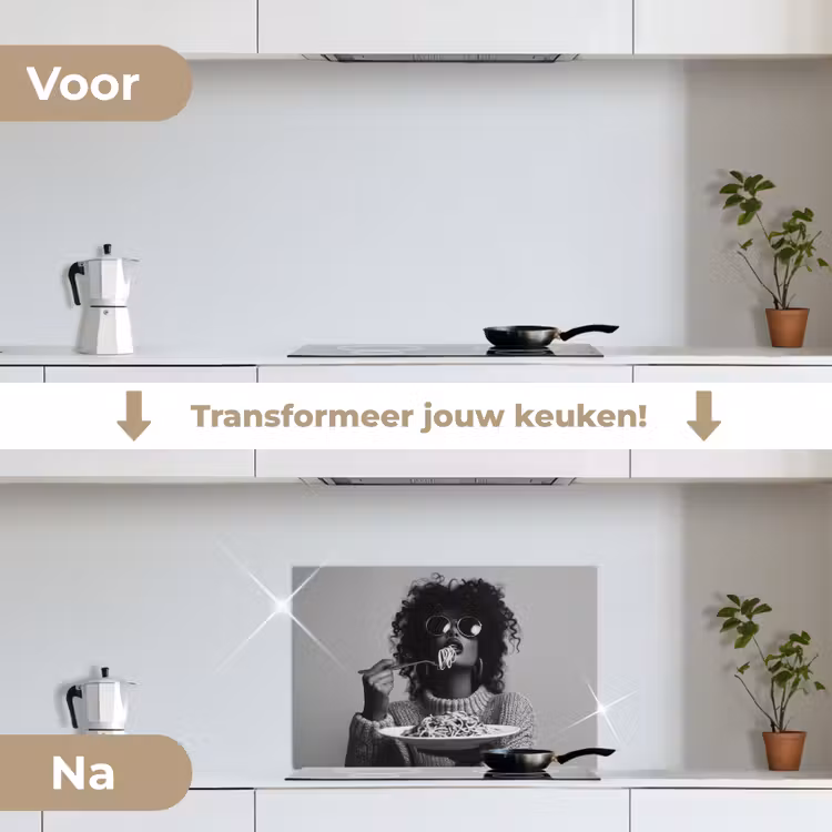 Spatscherm keuken - Vrouw - Pasta - Zwart - Wit — 3