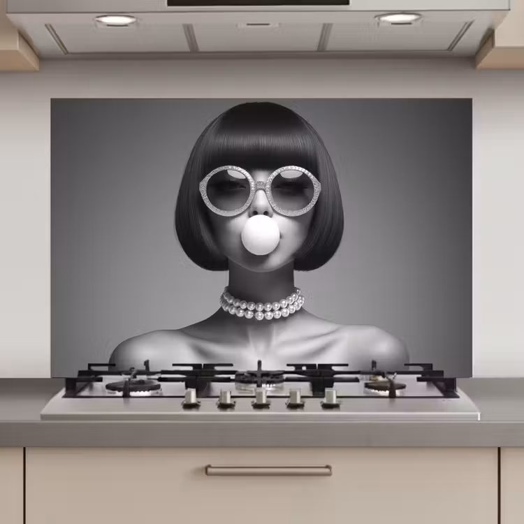 Spatscherm keuken - Vrouw - Zwart Wit - Ketting - Zonnebril — 1
