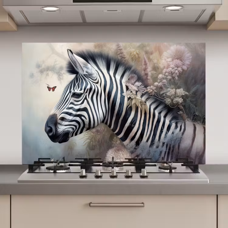 Spatscherm keuken - Zebra - Wilde dieren - Vlinder - Bloemen — 1