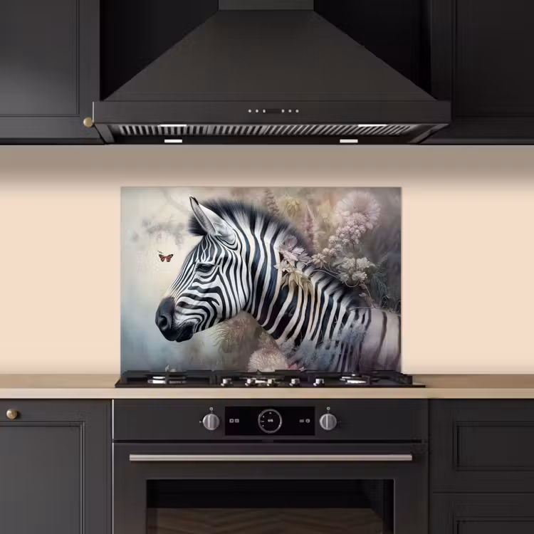 Spatscherm keuken - Zebra - Wilde dieren - Vlinder - Bloemen — 2