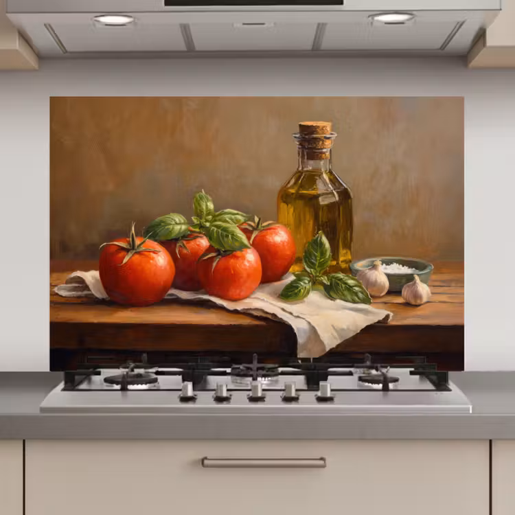Spatscherm keuken - Tomaten - Olijfolie - Stilleven — 1