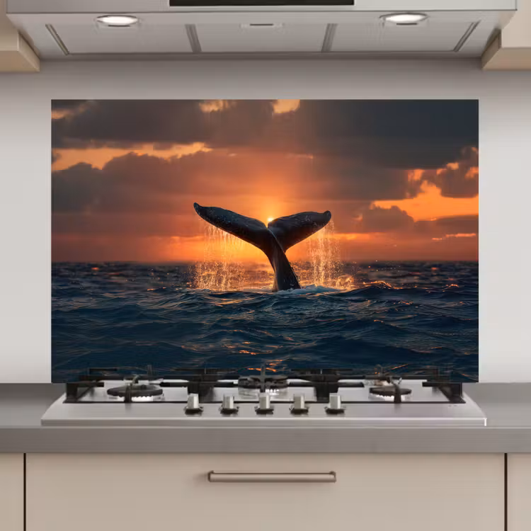 Spatscherm keuken - Walvis staart - Water - Zonsondergang — 1