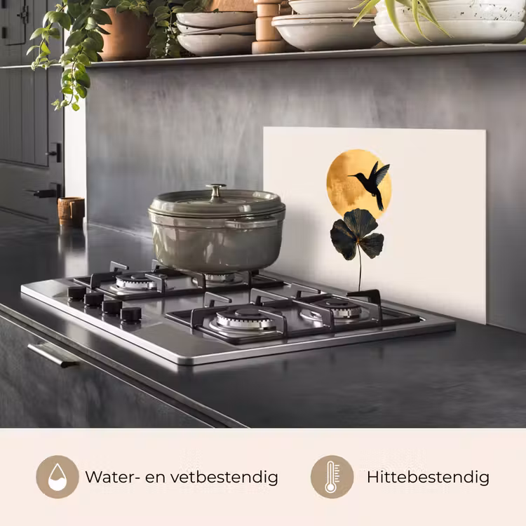 Spatscherm keuken - Zwarte kolibrie - Bloem - Gouden cirkel — 7