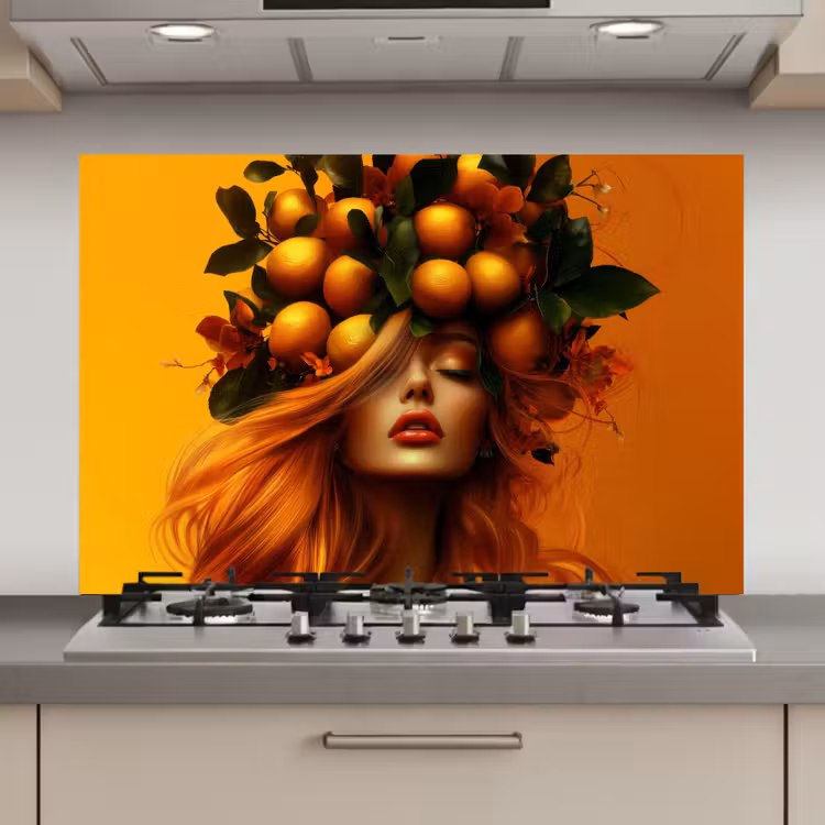 Spatscherm keuken - Vrouw - Citroenen - Bloesem - Geel — 1