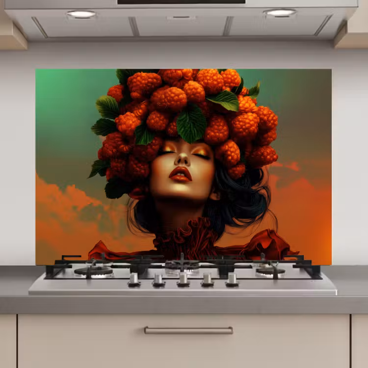Spatscherm keuken - Vrouw - Frambozen - Bladeren — 1