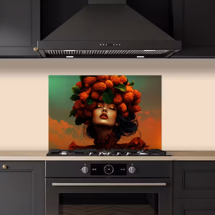 Spatscherm keuken - Vrouw - Frambozen - Bladeren — 2
