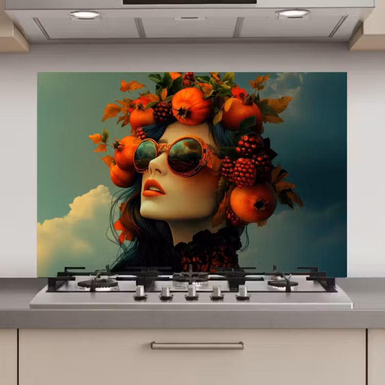 Spatscherm keuken - Vrouw - Granaatappel - Herfst - Zonnebril — 1