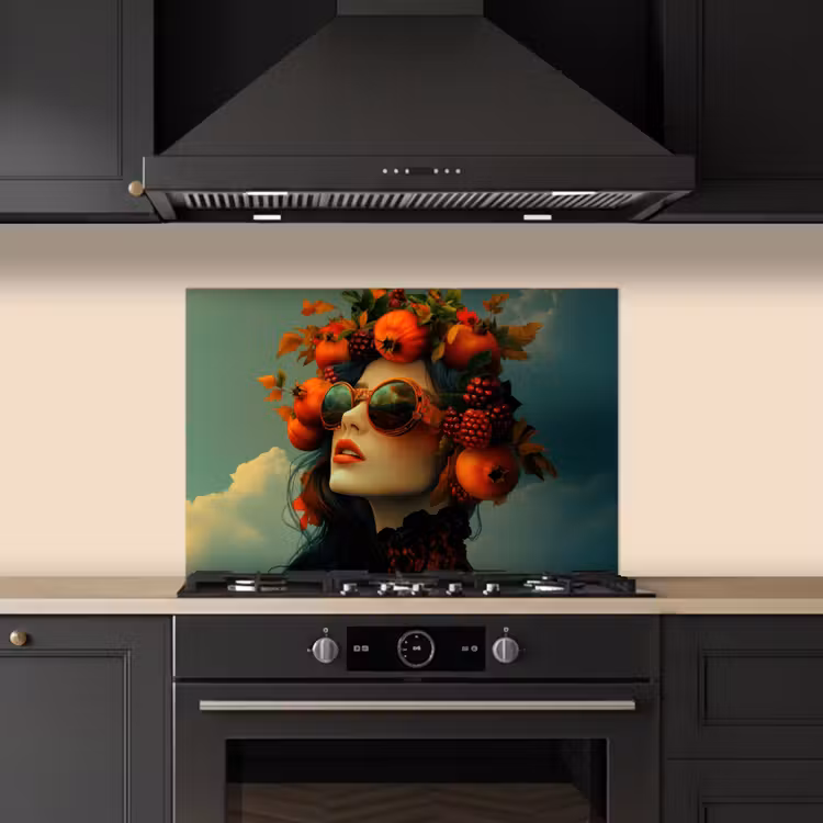 Spatscherm keuken - Vrouw - Granaatappel - Herfst - Zonnebril — 2