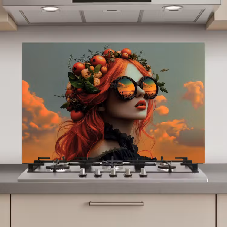 Spatscherm keuken - Vrouw - Kroon - Tomaat - Bascilicum - Zonnebril — 1