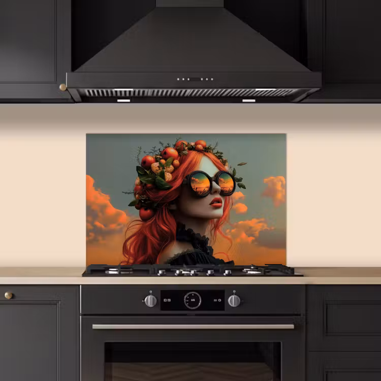 Spatscherm keuken - Vrouw - Kroon - Tomaat - Bascilicum - Zonnebril — 2