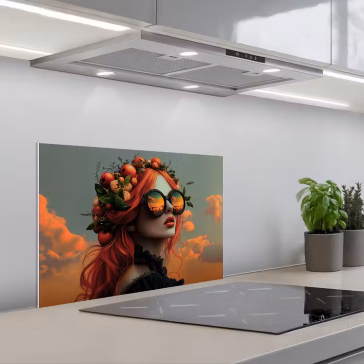 Spatscherm keuken - Vrouw - Kroon - Tomaat - Bascilicum - Zonnebril — 5