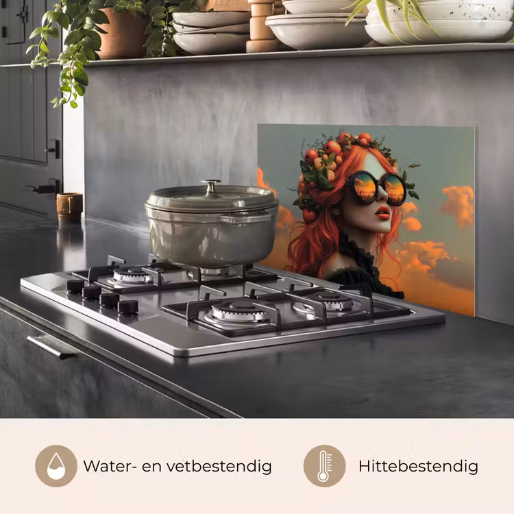 Spatscherm keuken - Vrouw - Kroon - Tomaat - Bascilicum - Zonnebril — 7
