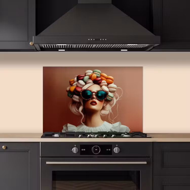 Spatscherm keuken - Vrouw - Macarons - Bril — 2