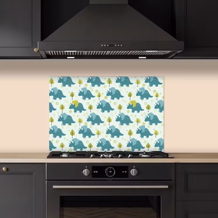 Spatscherm keuken - Triceratop - Blauw - Stippen - Boompjes — 1