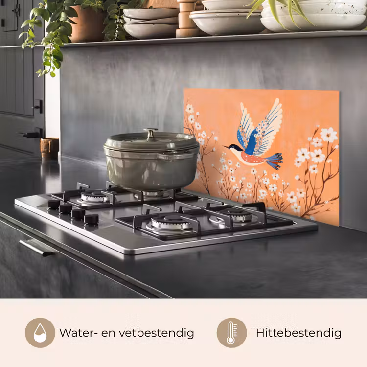 Spatscherm keuken - Vogel - Bloesemtakken - Warm - Kleurrijk — 7