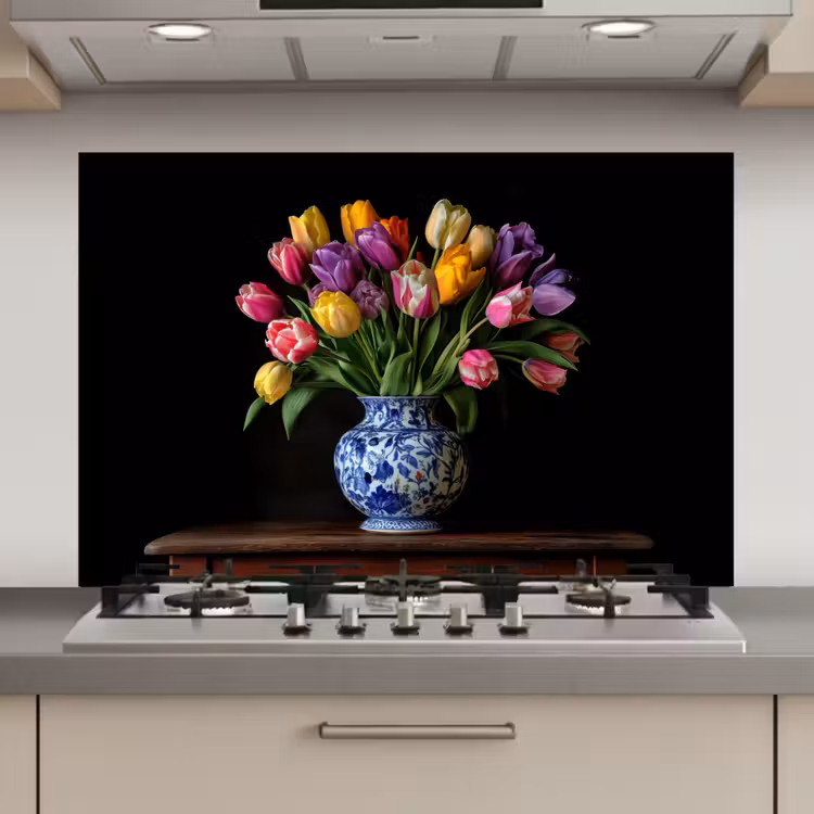 Spatscherm keuken - Tulpen - Kleuren - Hout - Vaas — 1