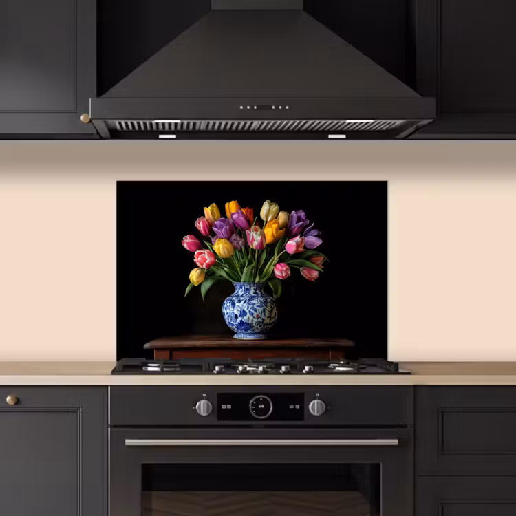Spatscherm keuken - Tulpen - Kleuren - Hout - Vaas — 2