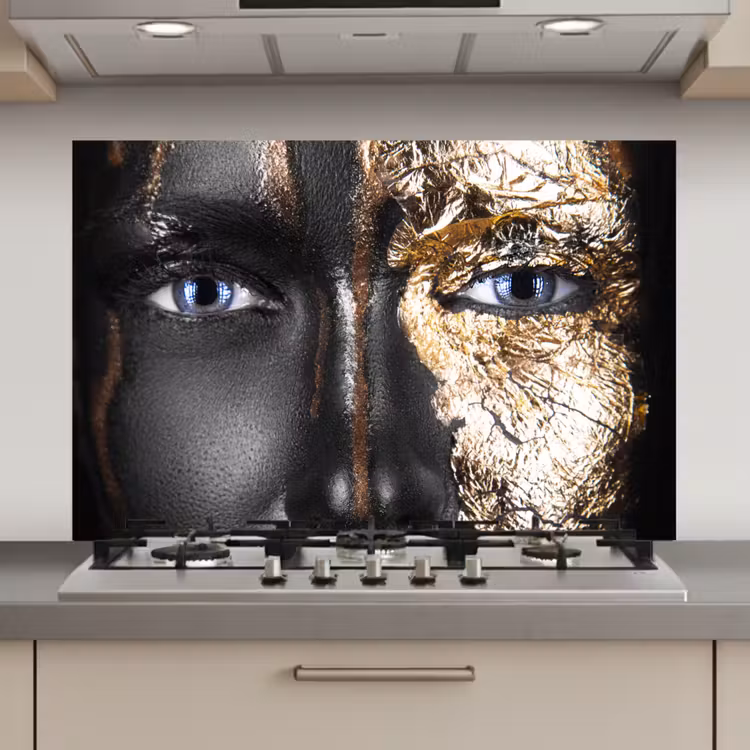 Spatscherm keuken - Vrouw - Bladgoud - Zwart - Goud - Luxe — 1