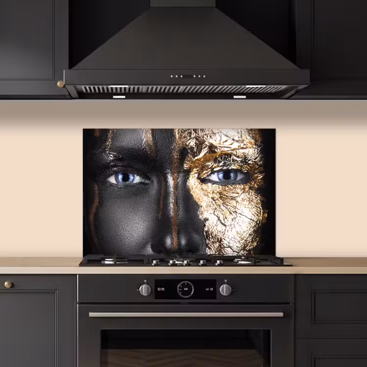 Spatscherm keuken - Vrouw - Bladgoud - Zwart - Goud - Luxe — 2