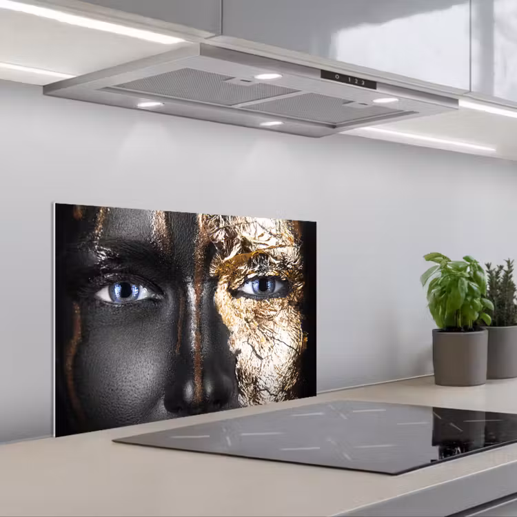 Spatscherm keuken - Vrouw - Bladgoud - Zwart - Goud - Luxe — 5