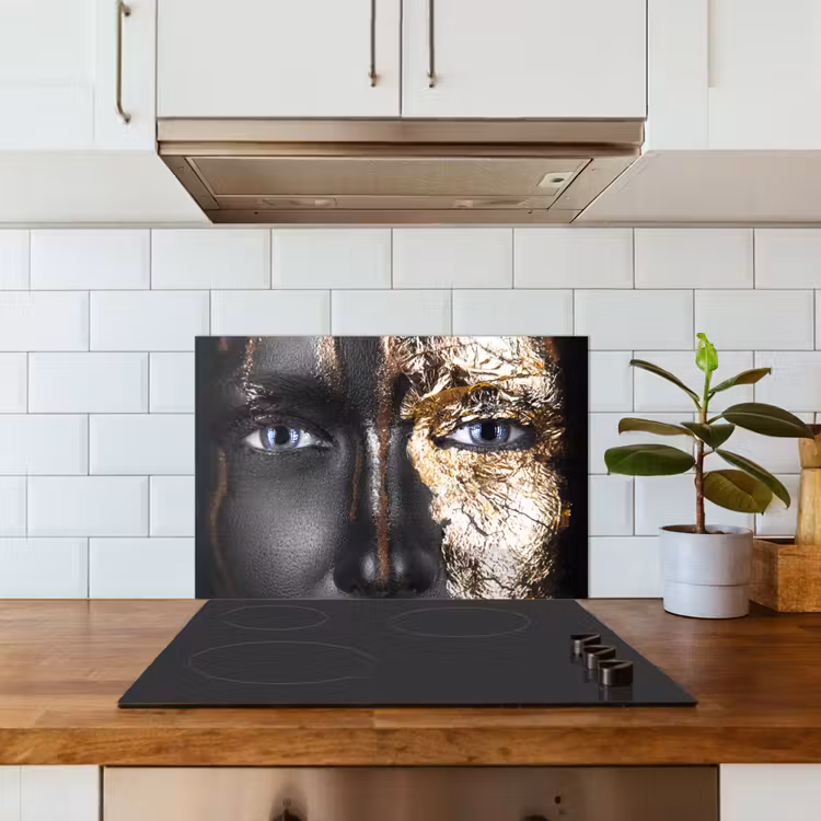Spatscherm keuken - Vrouw - Bladgoud - Zwart - Goud - Luxe — 6