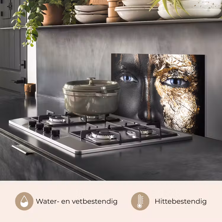 Spatscherm keuken - Vrouw - Bladgoud - Zwart - Goud - Luxe — 7