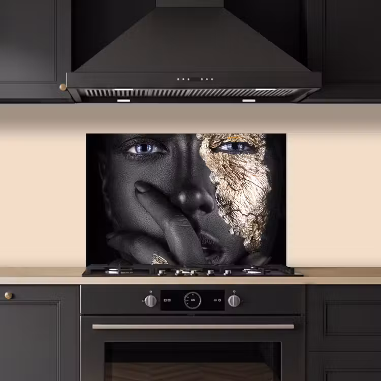 Spatscherm keuken - Vrouw - Goud - Zwart - Schmink - Luxe — 2