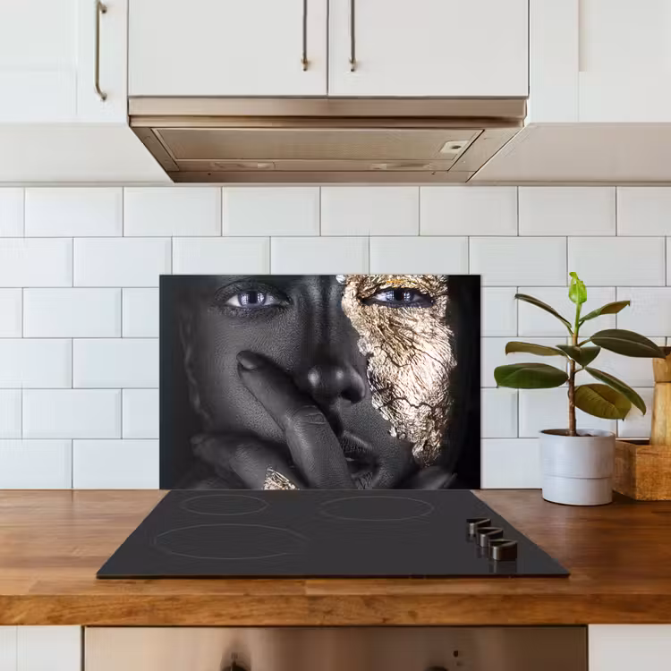 Spatscherm keuken - Vrouw - Goud - Zwart - Schmink - Luxe — 6