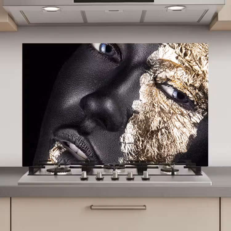 Spatscherm keuken - Vrouw - Goud - Zwart - Verf - Luxe — 1