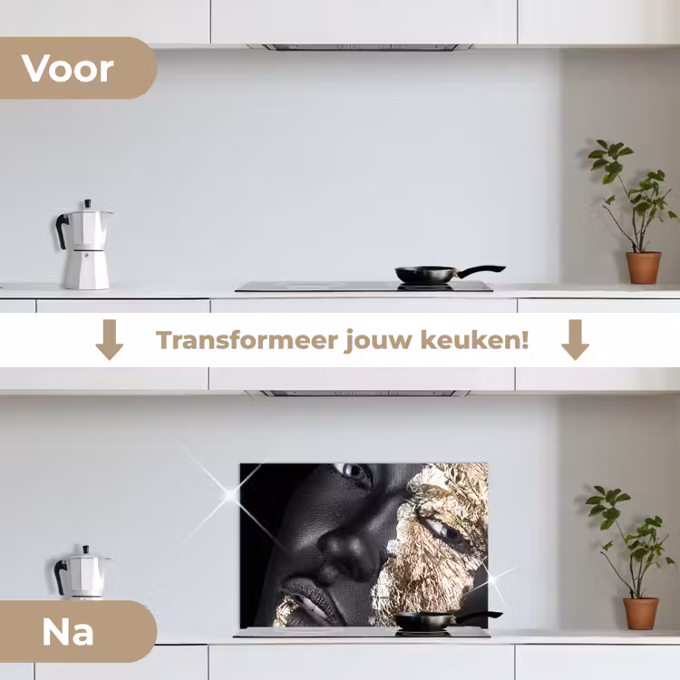 Spatscherm keuken - Vrouw - Goud - Zwart - Verf - Luxe — 3