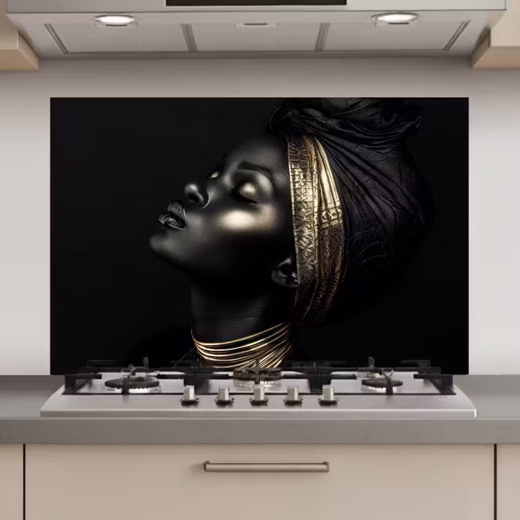 Spatscherm keuken - Vrouw - Zwart - Goud - Sieraden — 1